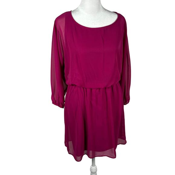 Express 3/4 Sleeve Fuschia Pink Blouson Dress XS Chiffon Sheer Feminine 3/4 Slv - Picture 1 of 4